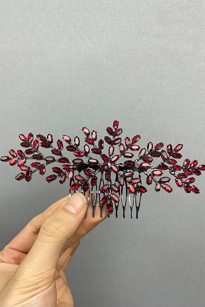 Hobigram Accesoriu de păr cu cataramă festonată cu pietre de burgundă pentru cele mai frumoase mirese – Coroană, piatră de cristal, model elegant – Coroană – T