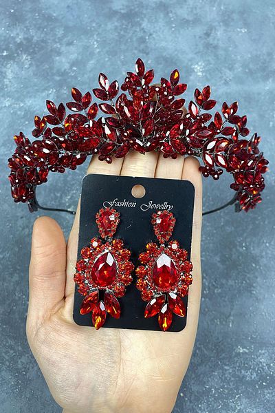 Hobigram Set de coroană de mireasă cu henna și cercei cu pietre pentru cele mai frumoase mirese Red Asleny – Coroană – Tiara