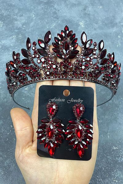 Hobigram Set Coroana de Mireasa Henna Danver Stone Burgundy si Cercei pentru Cele mai Frumoase Mirese – Coroana, Crystal Stone, Model Elegant