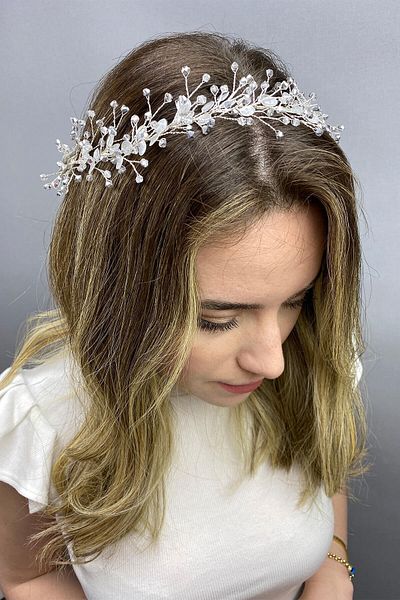 Hobigram Accesoriu de păr cu ramură de primăvară emailată de culoare argintie pentru cele mai frumoase mirese – coroană, piatră de cristal, model elegant – Ta
