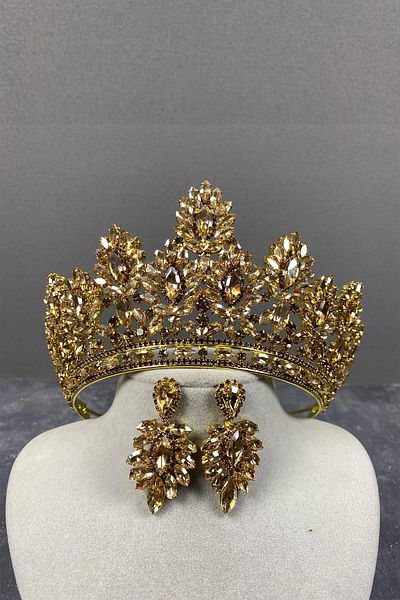 Hobigram Honey Color Godiva High Bridal Henna Crown and Shuttle Stone Evening Dress Earring Set for the Most Beautiful Brides – Crown – t