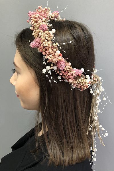 Hobigram Coroană cu flori uscate cu perle și chipsuri de pudră pentru cele mai frumoase mirese – Coroană, piatră de cristal, model elegant, coroană de mireasă