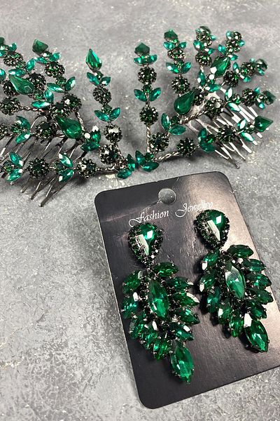 Hobigram Accesoriu și cercei pentru păr de mireasă Helenist, verde, pentru cele mai frumoase mirese – Coroană, cu pietre de cristal –