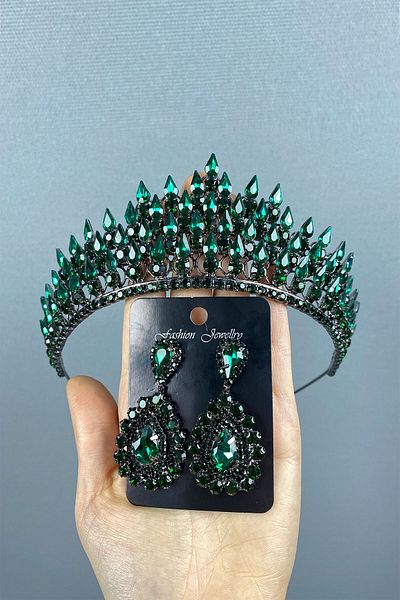 Hobigram Green Drop 3D Bridal Henna Crown și cercei cu picătură pentru cele mai frumoase mirese – coroană, cu piatră de cristal