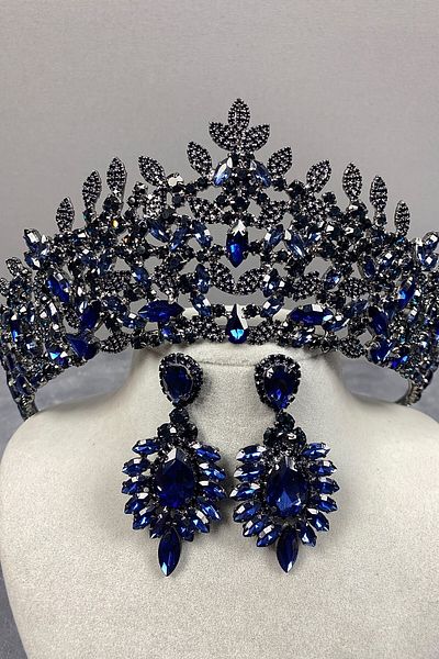 Hobigram Navy Blue Oscar Bridal Henna Crown and Earring Set with Shuttle for the Most Beautiful Brides – Crown, Crystal Stone – Crown