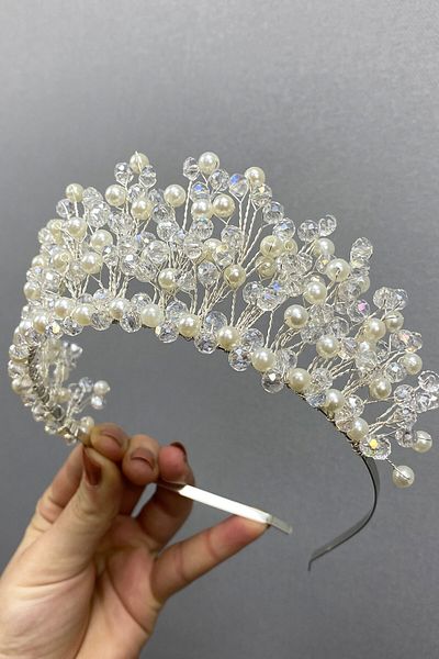 Hobigram Crem Crystal Beaded Aren Bridal și Henna Crown pentru cele mai frumoase mirese – Coroană, Crystal Stone, Model elegant –