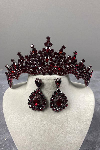 Hobigram Set de coroană și cercei cu henna de mireasă cu piatră de Tokyo Bordeaux pentru cele mai frumoase mirese – Coroană, piatră de cristal – Coroană