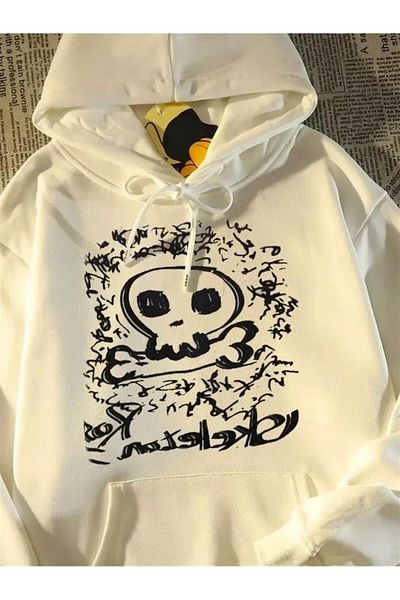 Planet Butik Skull Print Detail Thick Fabric Hooded Unisex Sweatshirt