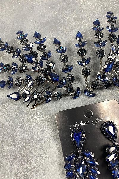 Hobigram Accesoriu și cercei pentru păr de mireasă Helenist cu două fețe bleumarin pentru cele mai frumoase mirese – coroană, piatră de cristal