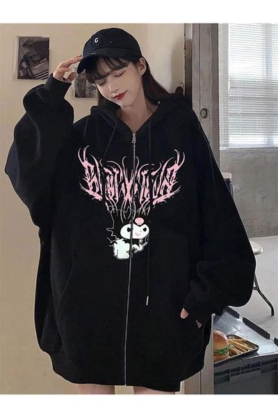 Planet Butik Kuromi Pink Printed Oversize Zippered Black Unisex Hooded Cardigan