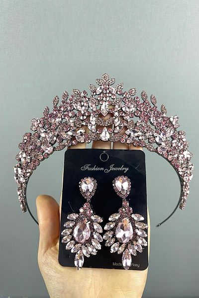 Hobigram Pink Oscar Bridal Henna Crown and Earring Set with Shuttle for the Most Beautiful Brides – Crown, Crystal Stone, Stylish Model