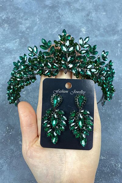 Hobigram Set de coroană și cercei cu henna de mireasă brodate cu mărgele Asleny verde pentru cele mai frumoase mirese – Coroană – Tiara