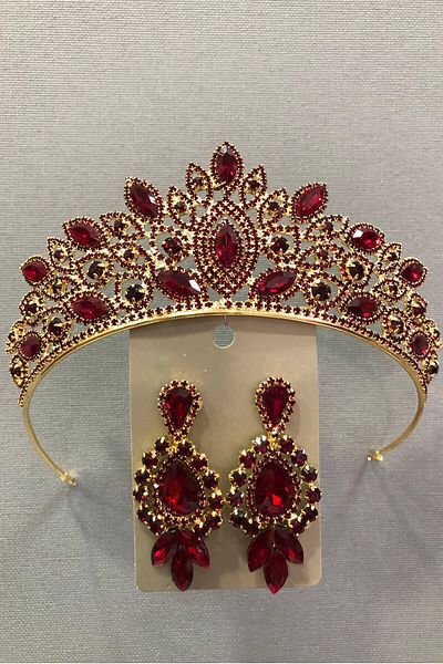 Hobigram Set de coroană de mireasă din aur cu piatră de cristal roșu închis și cercei pentru cele mai frumoase mirese – Coroană – Tiara