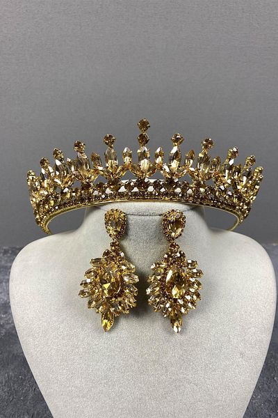 Hobigram Set de coroană și cercei de seară pentru cea mai frumoasă mireasă, culoarea miere, Pedro Stone, Henna – Coroană, cu pietre de cristal –