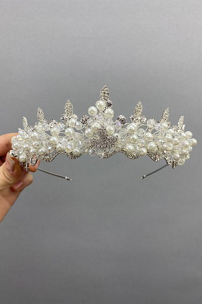 Hobigram Coroana de mireasa din piatra de migdale cu perle pentru cele mai frumoase mirese – Coroana, piatra de cristal, model elegant, coroana de mireasa – coroana