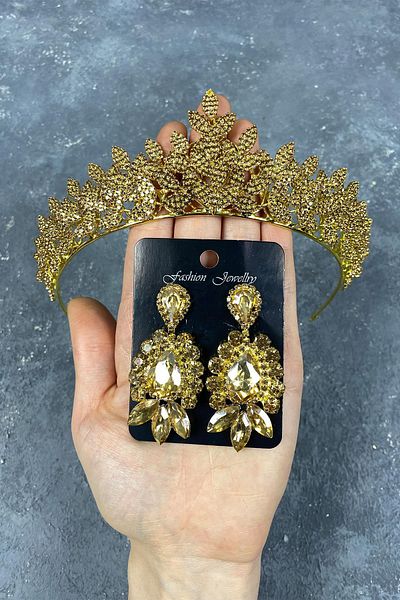 Hobigram Honey Color Sara Bridal Henna Crown and Earrings with Regular Stones for the Most Beautiful Brides – Crown, Crystal Stone – Crown –