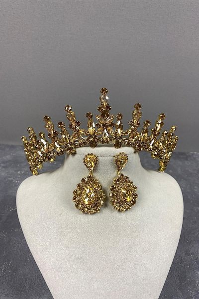 Hobigram Honey Color Cooker Bridal Henna Crown and Drop Stone Evening Dress Earrings