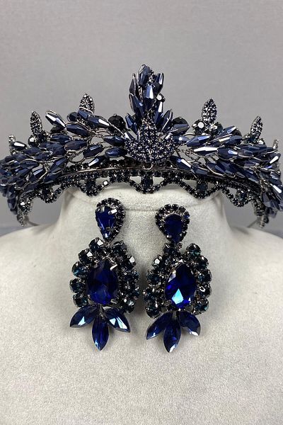 Hobigram Set de coroană de mireasă Henna și cercei cu pietre pentru cele mai frumoase mirese bleumarin Lena cu cristale – Coroană – Tiara