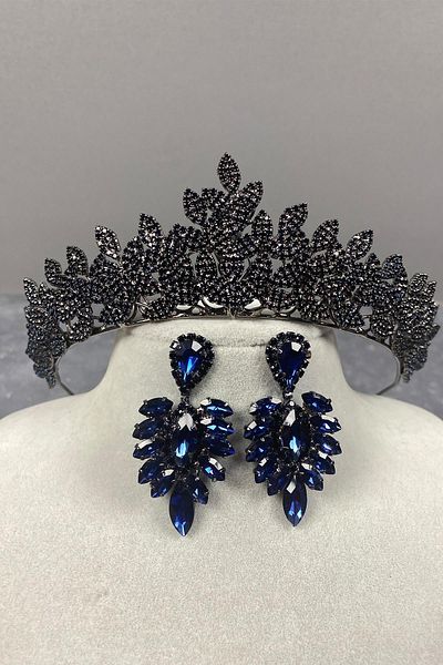 Hobigram Set de coroană și cercei cu coroană și navetă pentru cea mai frumoasă mireasă, bleumarin, Sara, cu pietre prețioase, Henna – coroană, cu pietre de cristal