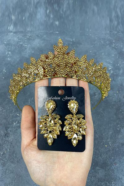 Hobigram Set de cercei și coroană de mireasă cu henna și coroană pentru cele mai frumoase mirese Honey Color Sara Sık Stone – Coroană, Crystal Stone