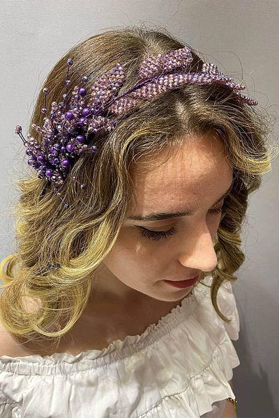 Hobigram Model Purple Leaf cu mărgele și accesoriu turban pentru cele mai frumoase mirese – coroană, piatră de cristal, modă elegantă