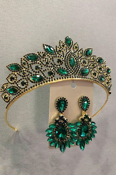 Hobigram Set de coroană și cercei de mireasă de culoare aurie cu piatră de sticlă de cristal verde smarald pentru cele mai frumoase mirese – Coroană – Tiara