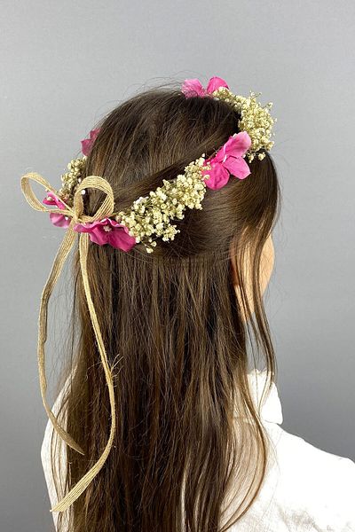 Hobigram Accesoriu de păr de mireasă pentru fotografiere în aer liber cu flori uscate de hortensie roz pentru cele mai frumoase mirese – coroană, cu pietre de cristal