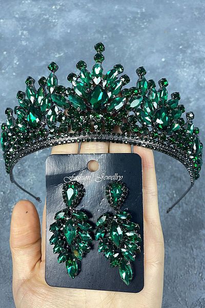 Hobigram Coroana de mireasa verde Pera si cercei cu navetă pentru cele mai frumoase mirese – Coroană, piatră de cristal, model elegant – Coroană