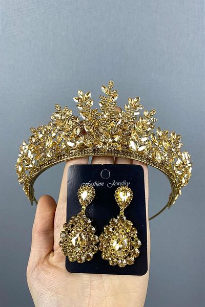 Hobigram Honey Color Ezel 3D Bridal Henna Crown and Drop Stone Earring Set for the Most Beautiful Brides – Crown – Crown
