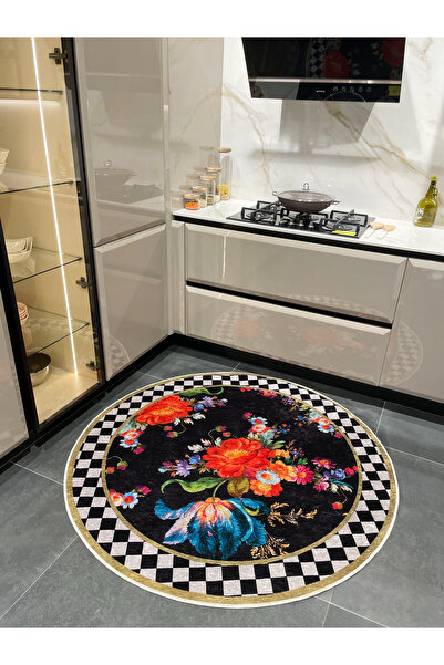 Brillant Çiçekli Damalı Yuvarlak Lateks Taban Saçaksız Mutfak Halısı