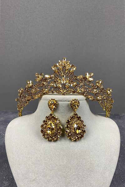 Hobigram Melis Bridal Henna Crown și cercei cu piatră picătură pentru cele mai frumoase mirese – Coroană, Crystal Stone – Coroană –