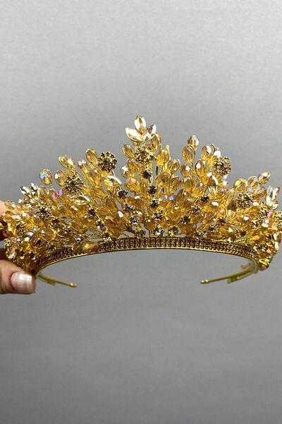 Hobigram Honey Color Akbahar Beaded Bridal Henna Tiara for the Most Beautiful Brides – Crown, Crystal Stone, Stylish Model – Crown