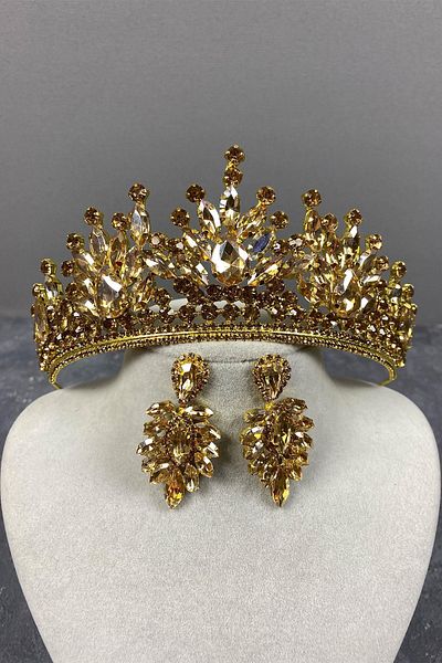 Hobigram Honey Color Pera Bridal Henna Crown and Shuttle Earrings for the Most Beautiful Brides – Crown, Crystal Stone, Stylish Model –