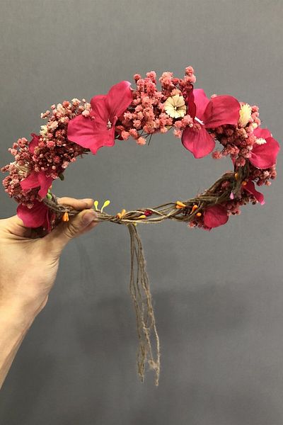 Hobigram Coroană cu flori uscate fucsia roz chippă pentru cele mai frumoase mirese – Coroană, cu pietre de cristal, model elegant – Coroană – T