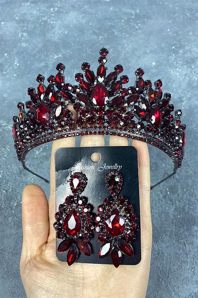 Hobigram Coroana de mireasa Pera Burgundy si cercei cu piatra pentru cei mai frumoși mireși – Coroana, piatră de cristal, model elegant –