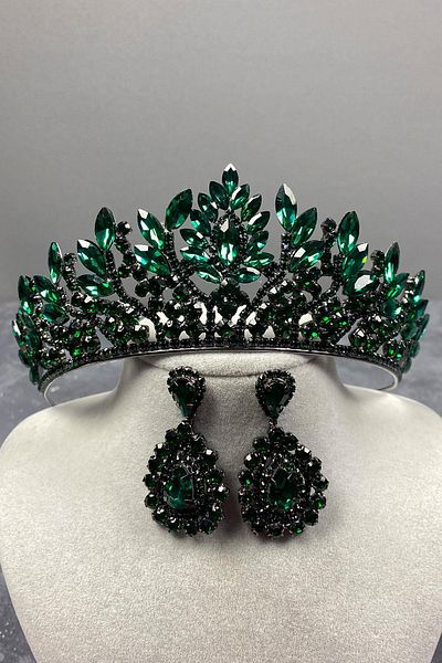 Hobigram Green Danver Stone Bridal Henna Tiara and Shuttle Earring Set for the Most Beautiful Brides – Crown, Crystal Stone – Crown