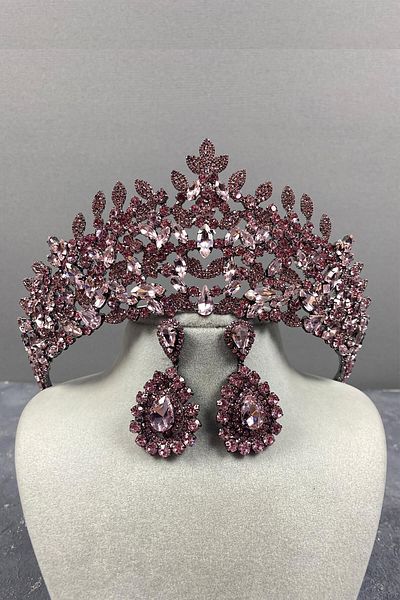 Hobigram Set de coroană și cercei cu henna de mireasă Leonis roz pentru cele mai frumoase mirese – coroană, piatră de cristal, model elegant
