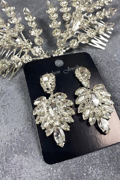 Hobigram Accesoriu și cercei pentru păr de mireasă Helenist cu două fețe din argint sterling pentru cele mai frumoase mirese – coroană, piatră de cristal –