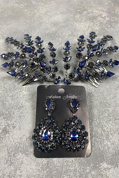 Hobigram To the Most Beautiful Brides Navy Blue Double Sided Helenist Bridal Hair Accessory and Stone Earrings – Crown – Crown