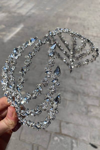 Hobigram Accesoriu de păr Helen cu două fețe de culoare argintie pentru cele mai frumoase mirese Coroana de mireasă – Coroană, cu pietre de cristal – Ta