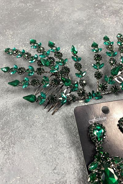 Hobigram Set de accesorii pentru păr și cercei pentru cea mai frumoasă mireasă Helenist, verde, cu două fețe – Coroană – Tiara