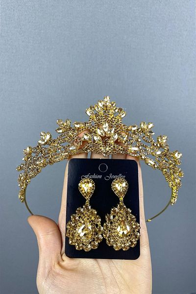 Hobigram Melis Bridal Henna Crown și cercei cu piatră picătură pentru cele mai frumoase mirese – Coroană, Crystal Stone – Coroană –