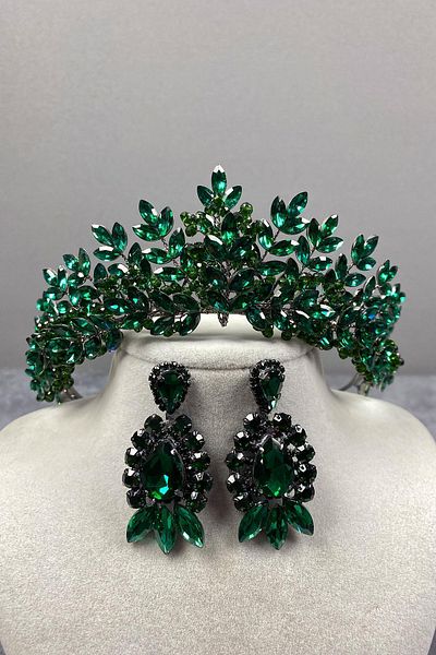 Hobigram Set de coroană de mireasă cu henna și cercei cu pietre pentru cele mai frumoase mirese Green Asleny – Coroană – Tiara