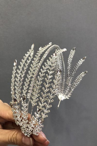 Hobigram Coroana de mireasa din argint sterling cu frunze de piatra alba pentru cei mai frumoși mireși – coroană, piatră de cristal, model elegant, coroană de mireasă