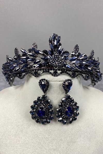 Hobigram Set de coroană și cercei de mireasă Henna cu cristale Lena bleumarin pentru cele mai frumoase mirese – coroană, piatră de cristal