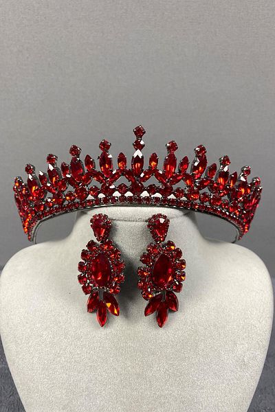 Hobigram Set de coroană și cercei de mireasă Henna cu piatră Pedro roșie pentru cele mai frumoase mirese – coroană, piatră de cristal, model elegant