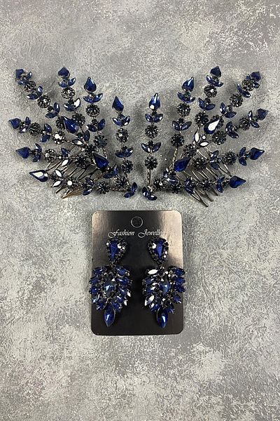 Hobigram Accesoriu și cercei pentru păr de mireasă Helenist cu două fețe bleumarin pentru cele mai frumoase mirese – coroană, piatră de cristal