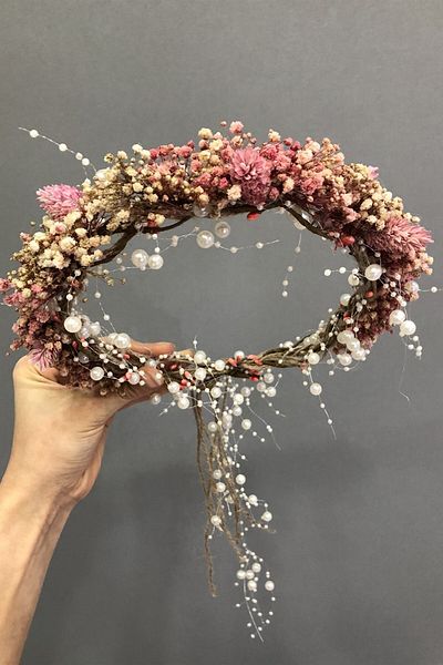 Hobigram Coroană cu flori uscate cu perle și chipsuri de pudră pentru cele mai frumoase mirese – Coroană, piatră de cristal, model elegant, coroană de mireasă