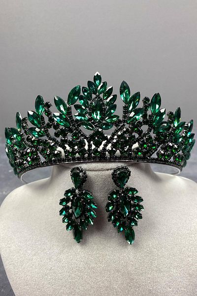 Hobigram Set Coroană și Cercei de Mireasă Henna cu Piatra Danver Verde pentru Cele mai Frumoase Mirese – Coroană, Piatra de Cristal, Model Elegant