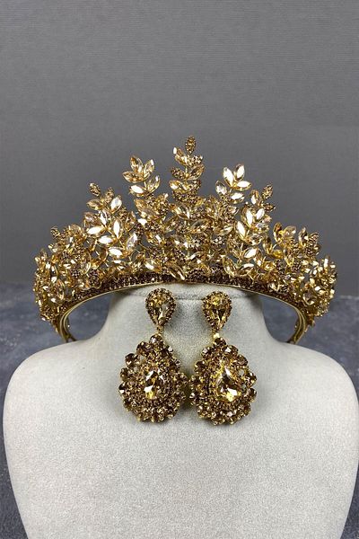 Hobigram Honey Color Ezel 3D Bridal Henna Crown and Drop Stone Earring Set for the Most Beautiful Brides – Crown – Crown